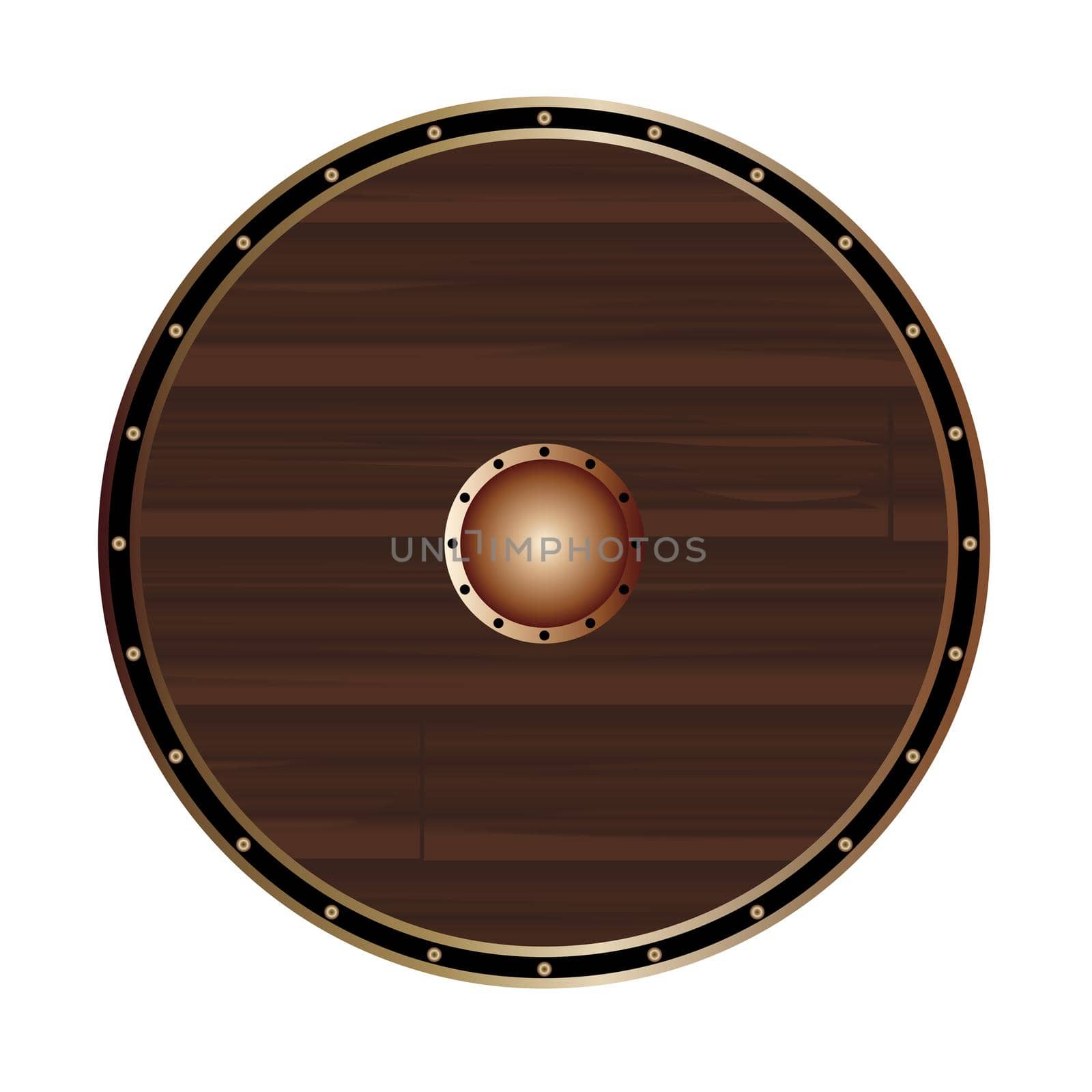 A typical round Viking shield on a white background
