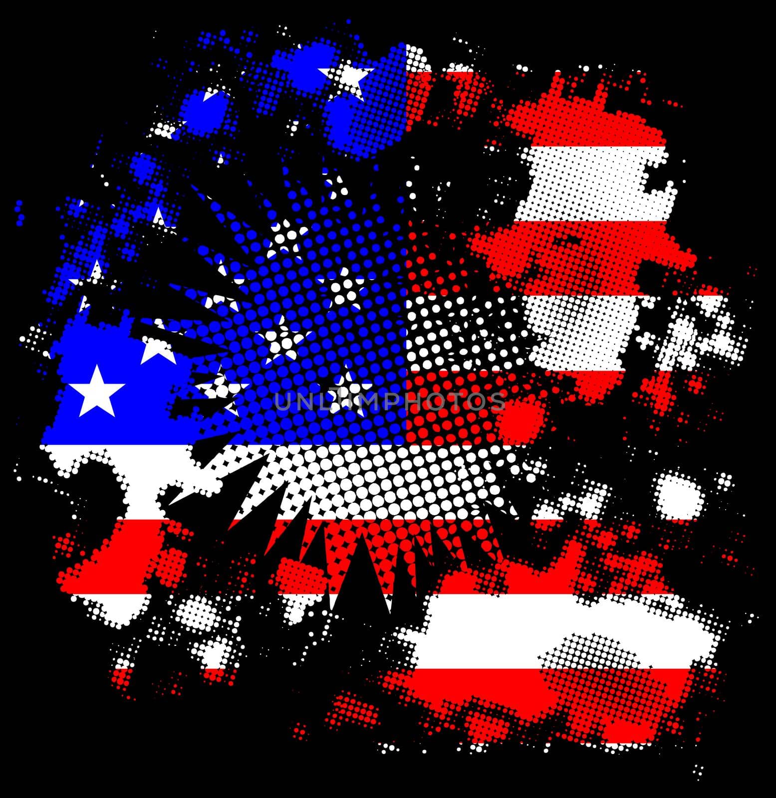 A cartoon halftone black grunge with USA stars and Stripes flag