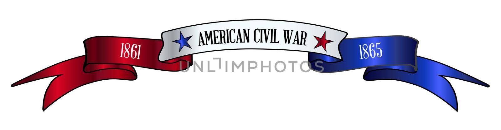 A red white and blue satin or silk ribbon banner with the text American Civil War and stars
