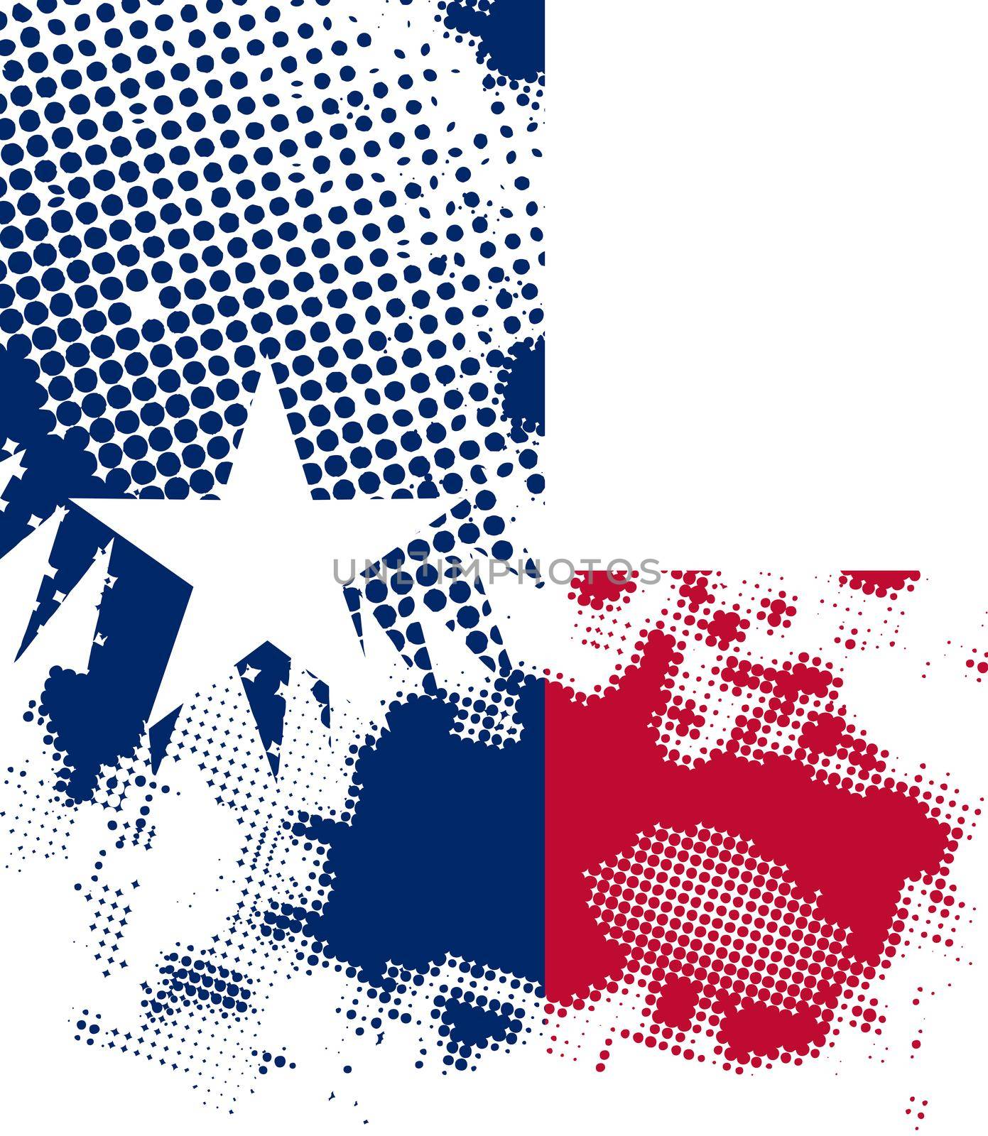 A cartoon halftone black grunge with the state of Texas flag