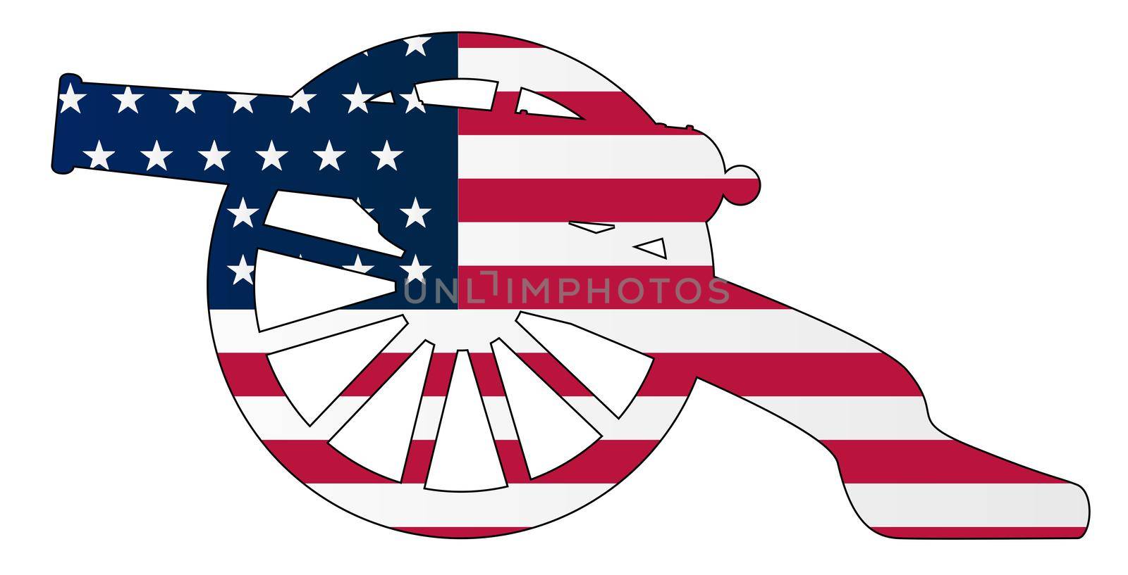 Typical American civil war cannon gun with flag isolated on a white background