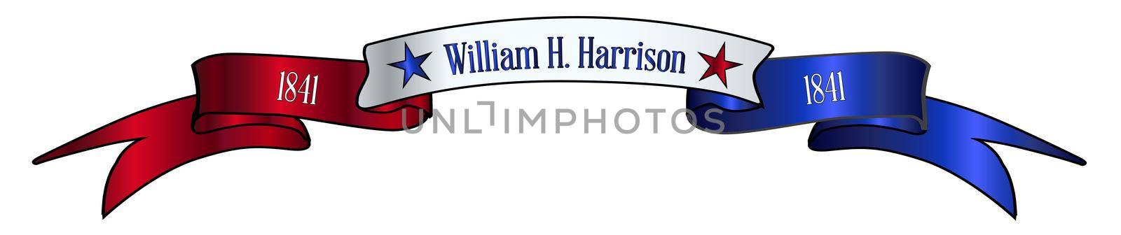 A red white and blue satin or silk ribbon banner with the text William H Harrison and stars and date in office