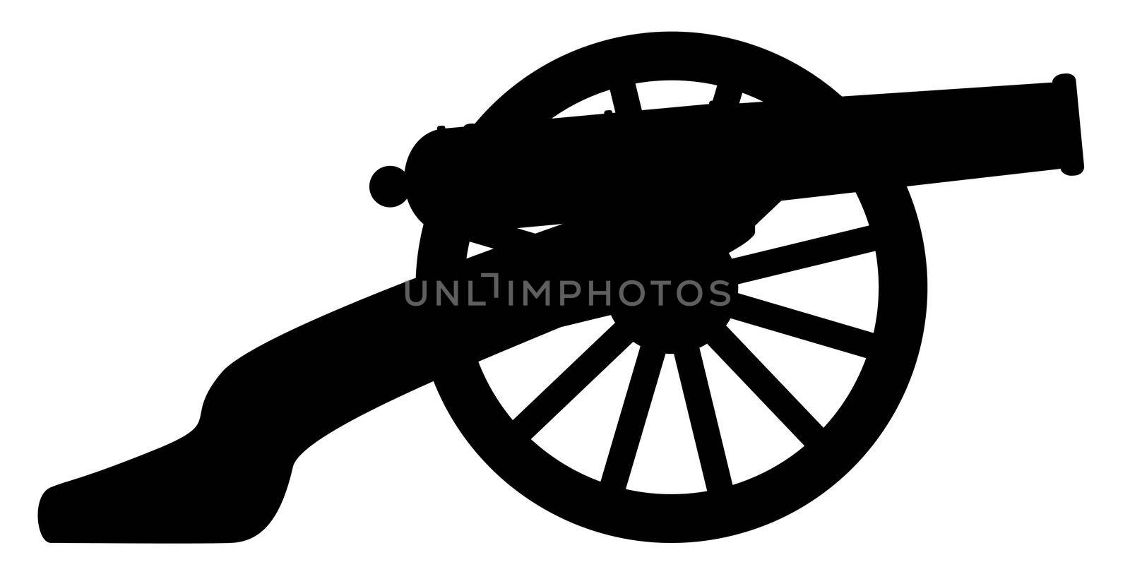 Typical American civil war cannon gun in silhouette isolated on a white background