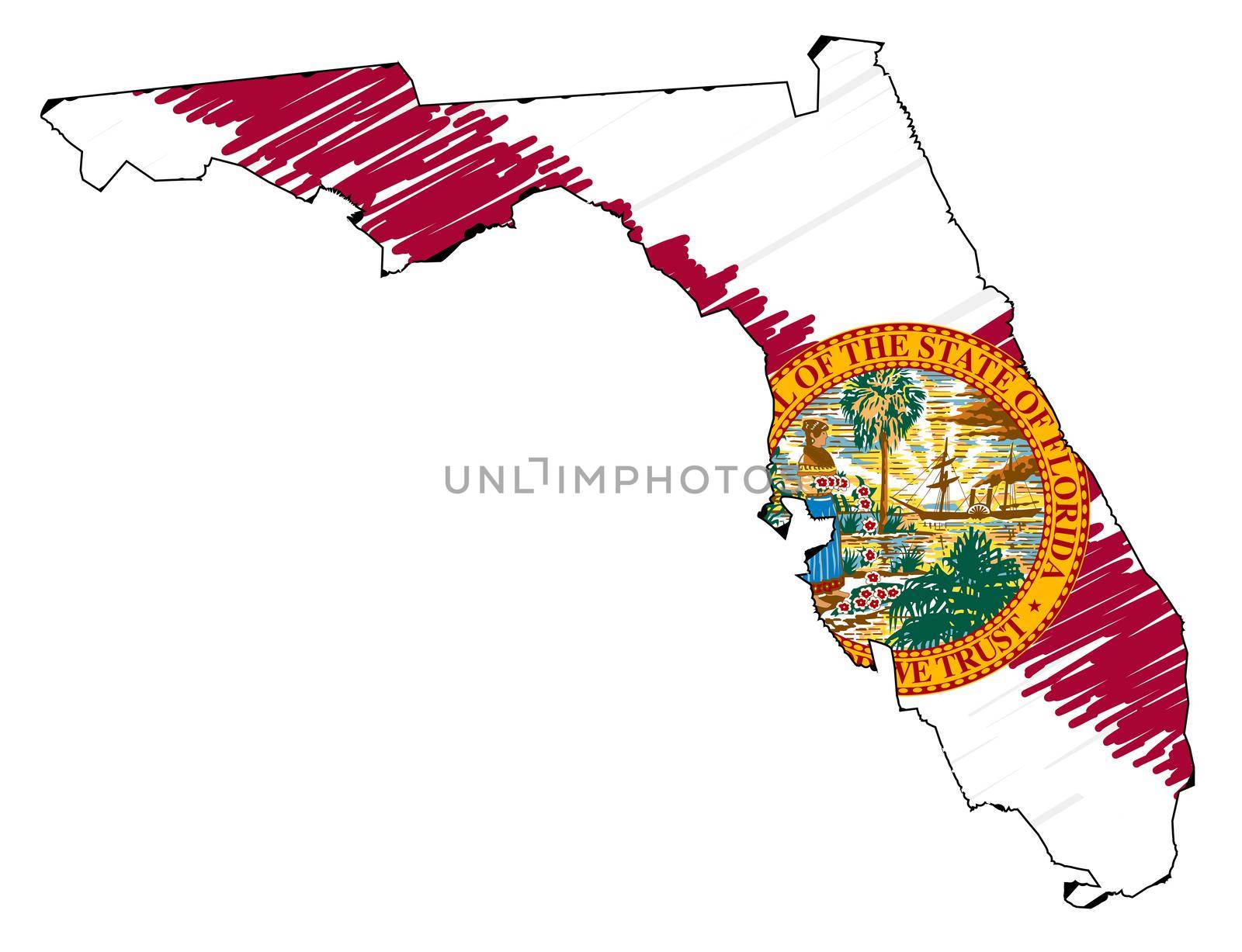 Grunge outline of the map of Florida isolated on white with flag inset