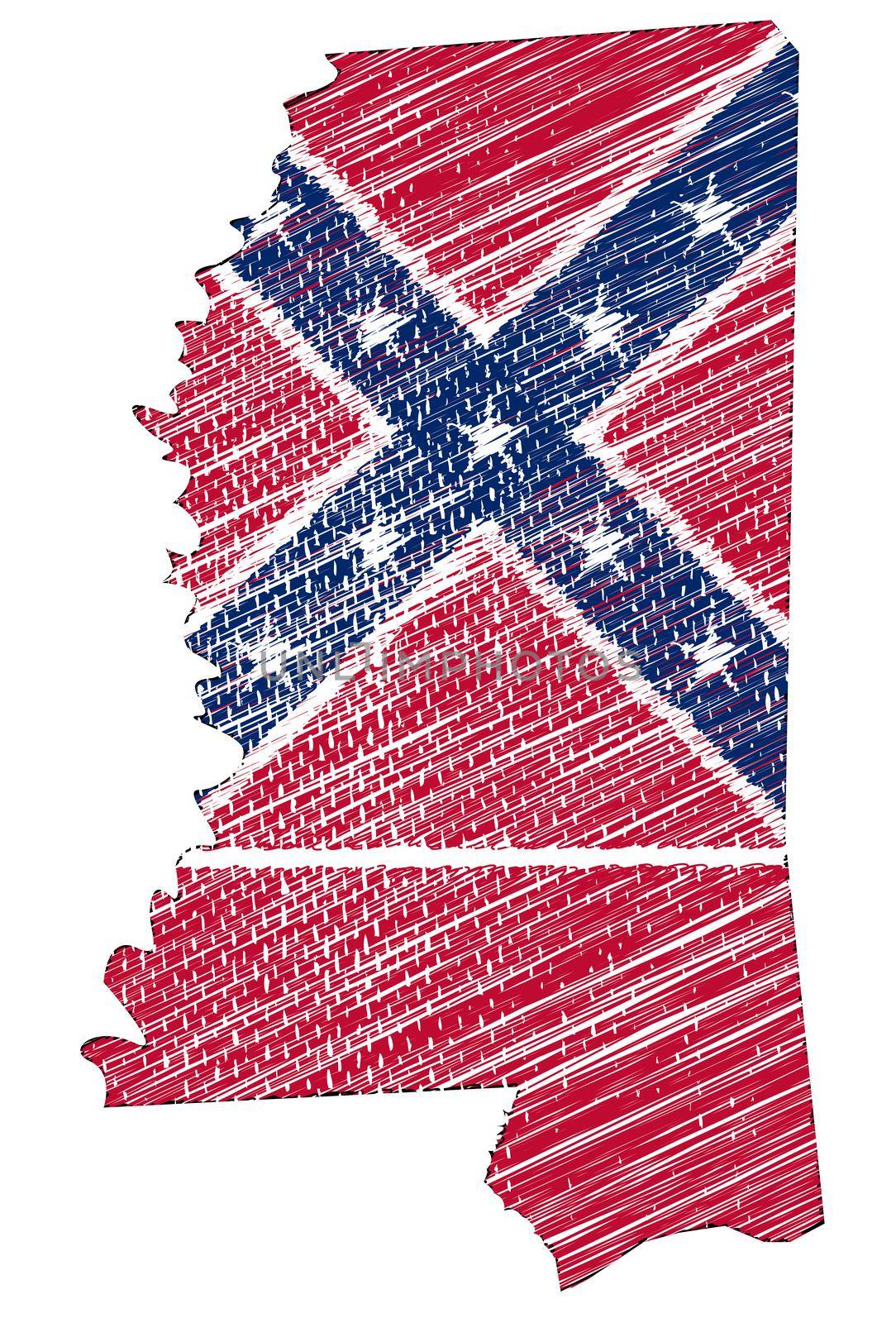 State map outline of Mississippi over a white background with grunge flag inset