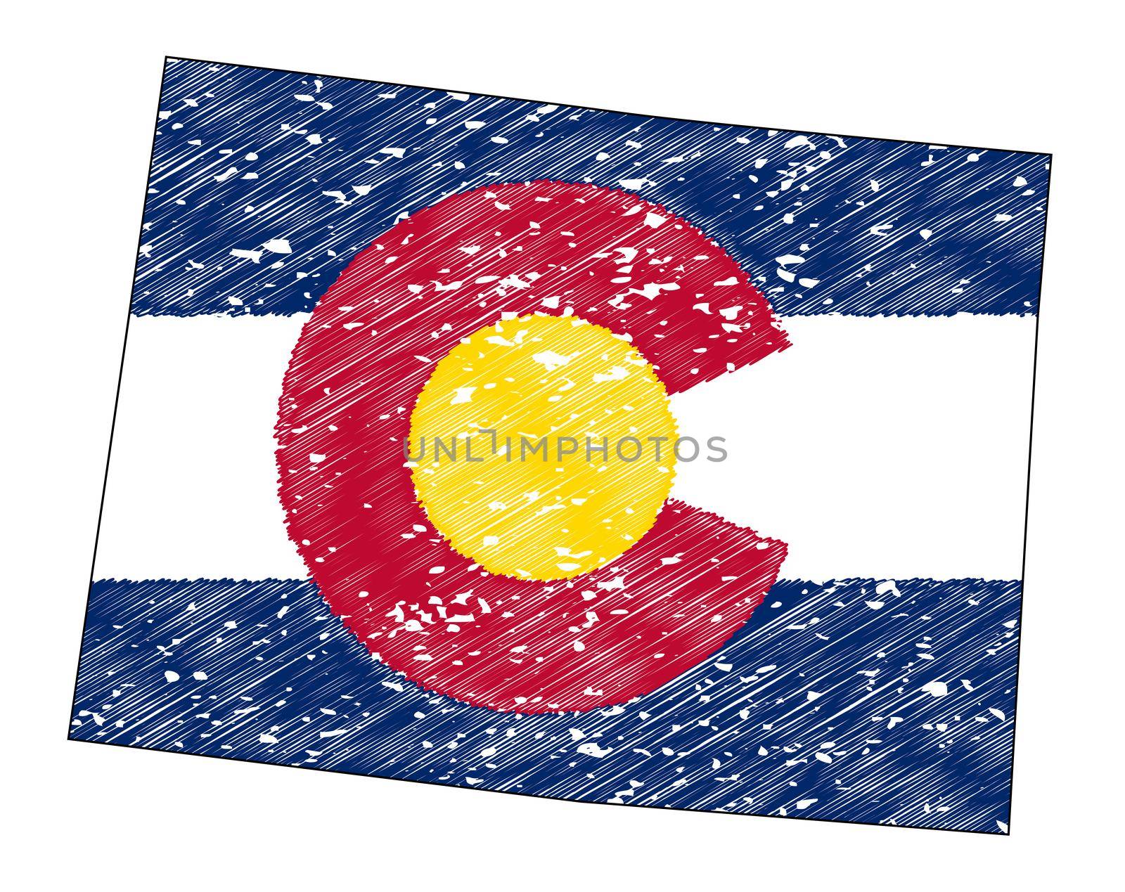 State map outline of Colorado over a white background with inset grunge flag