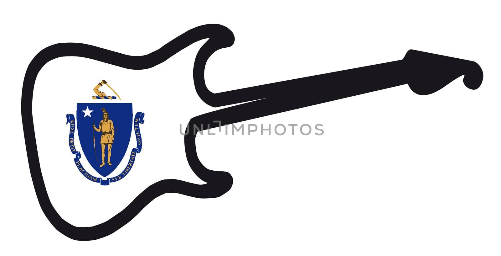 An original solid body electric guitar isolated over white with the Massachusetts state flag