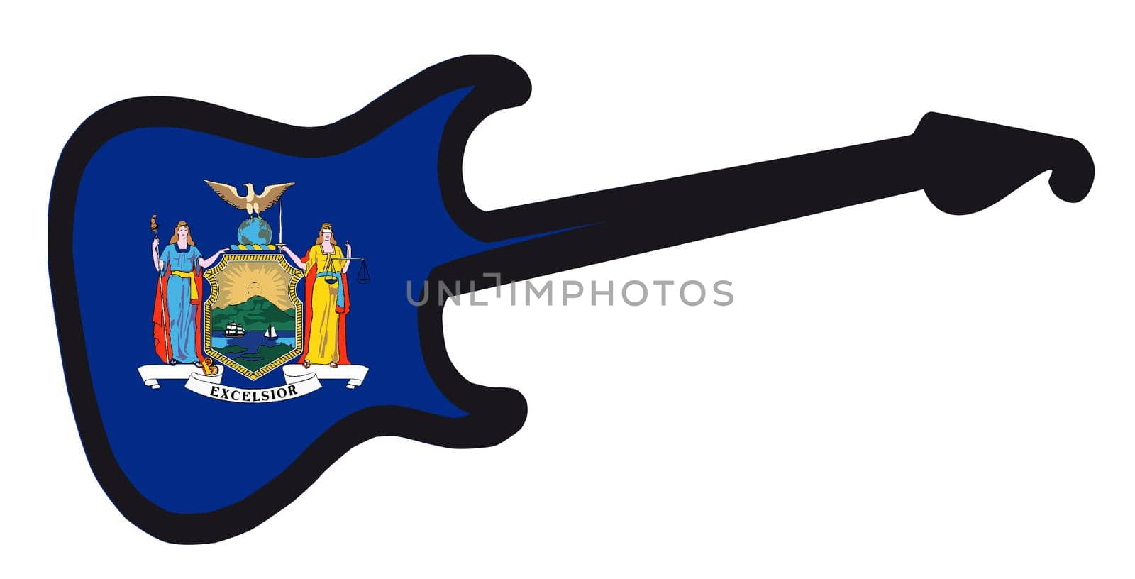 An original solid body electric guitar isolated over white with the New York state flag