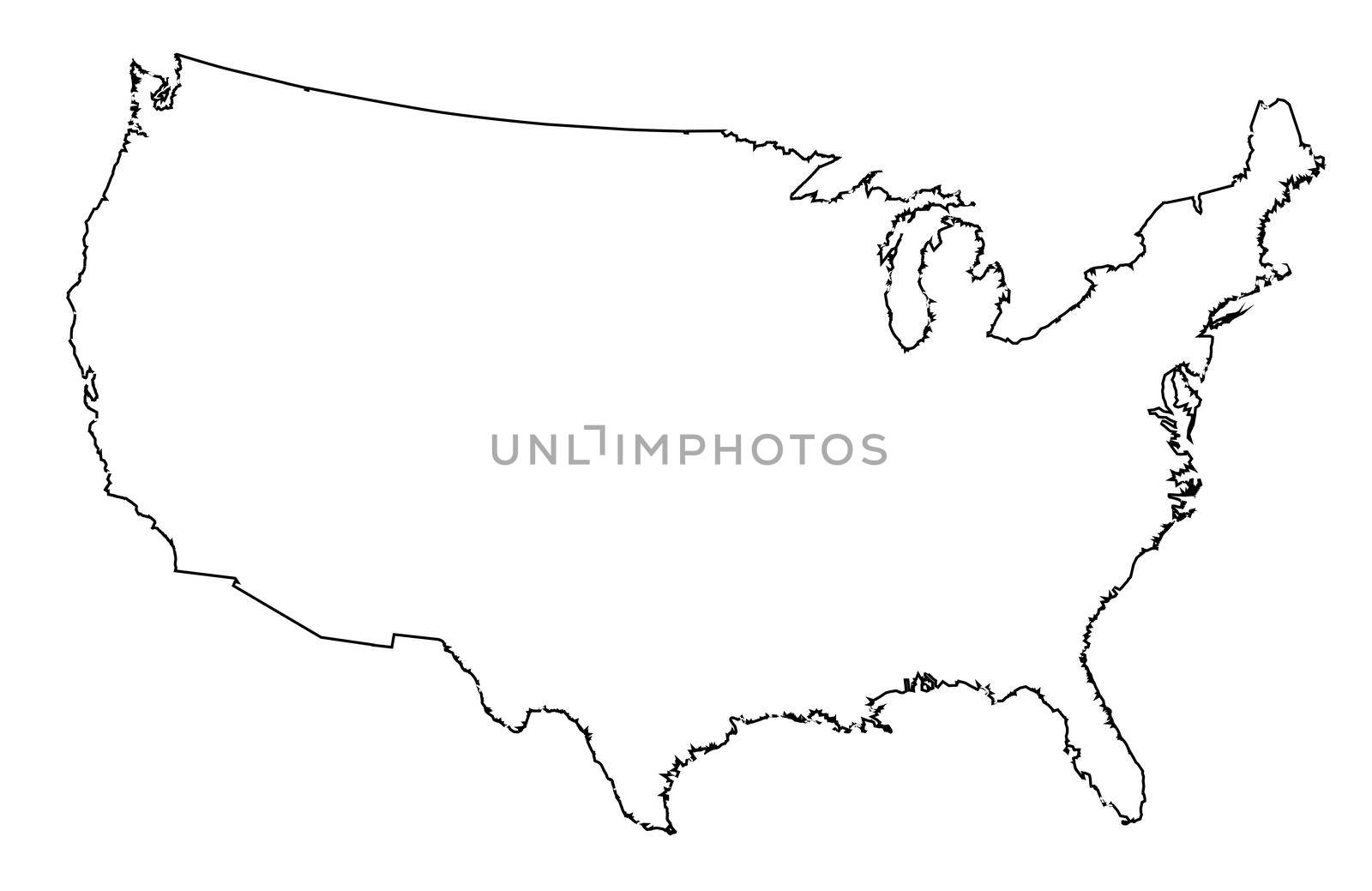 An outline silhouette map of The United States of America over a white background