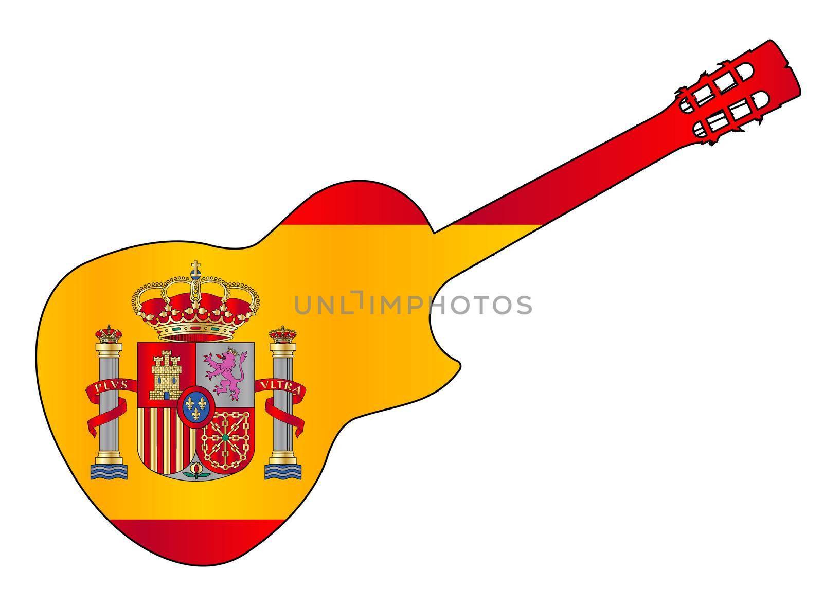 A typical Flamenco Spanish acoustic guitar isolated over a white background with flag of Spain inset