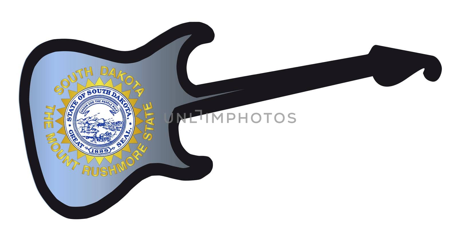 An original solid body electric guitar isolated over white with the South Dakota state flag