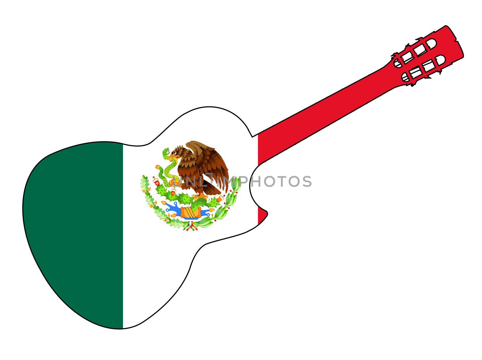 A typical Flamenco Spanish acoustic guitar isolated over a white background with flag of Mexico inset