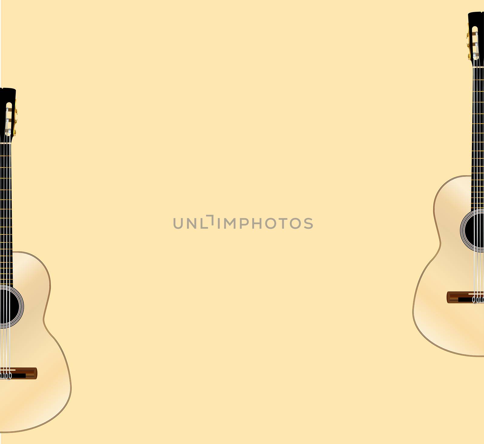 A typical Flamenco Spanish acoustic guitar set in 2 halves on a pale yellow background