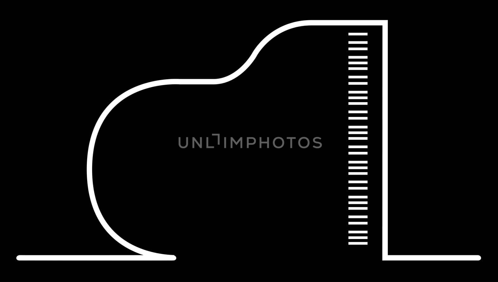 Top view of a grand piano in white continuous outline over black