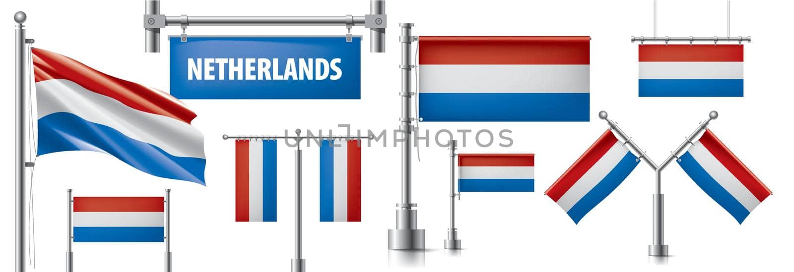 Vector set of the national flag of Netherlands in various creative designs.