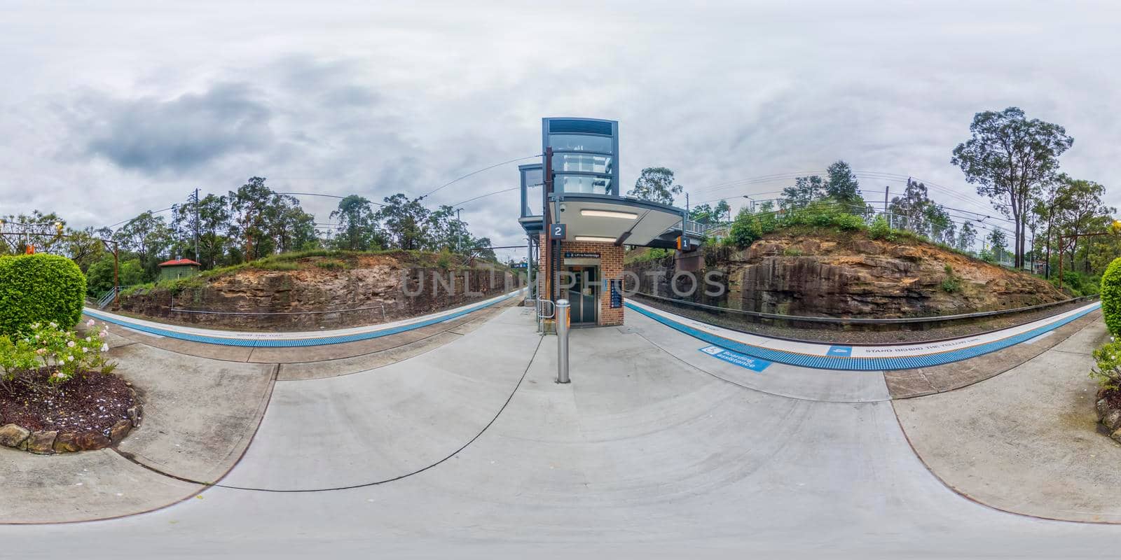 Spherical 360 panoramic photograph of Glenbrook Train Station in regional Australia by WittkePhotos