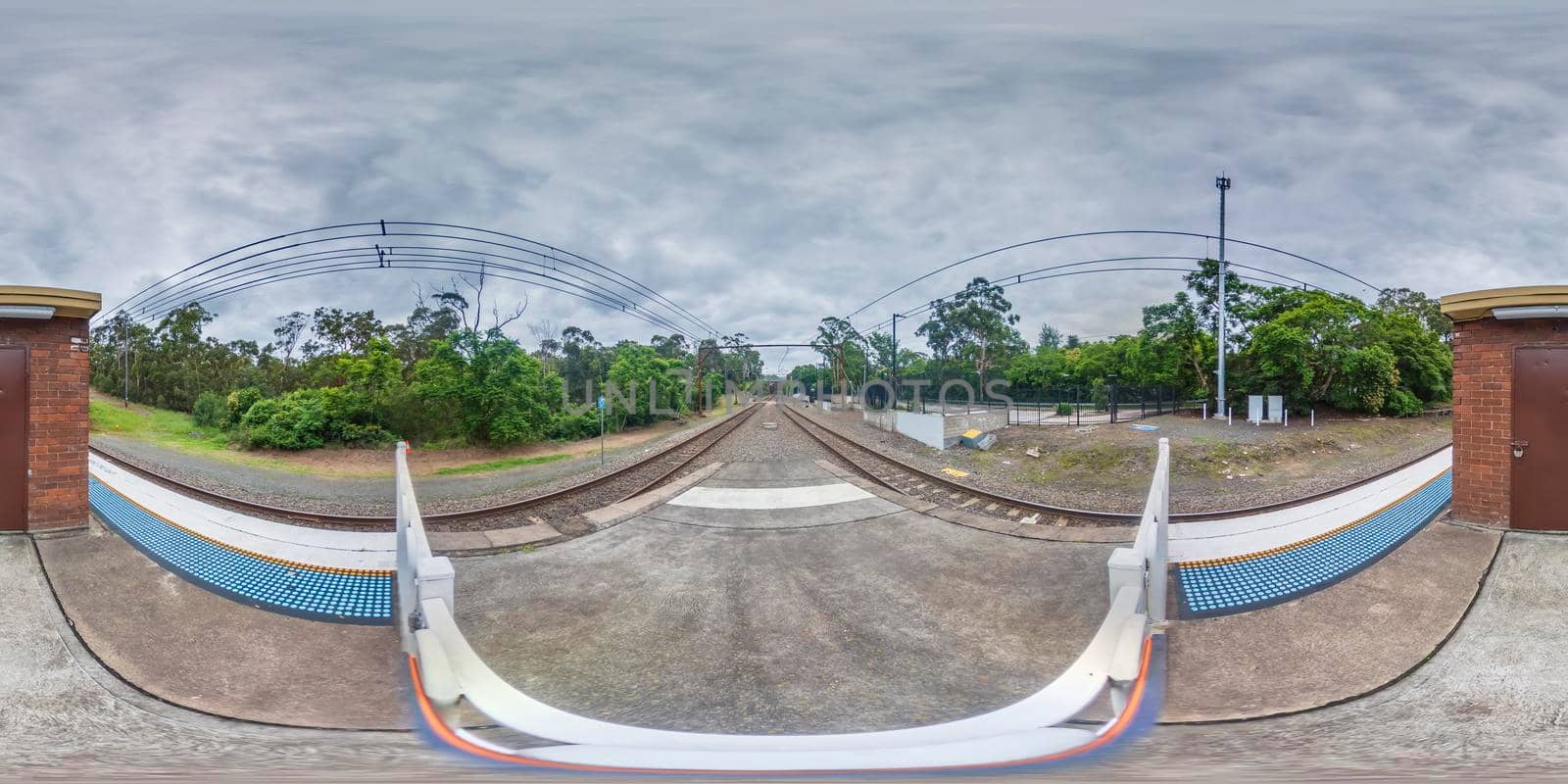 Spherical 360 panoramic photograph of the train station in Glenbrook in The Blue Mountains in regional New South Wales in Australia