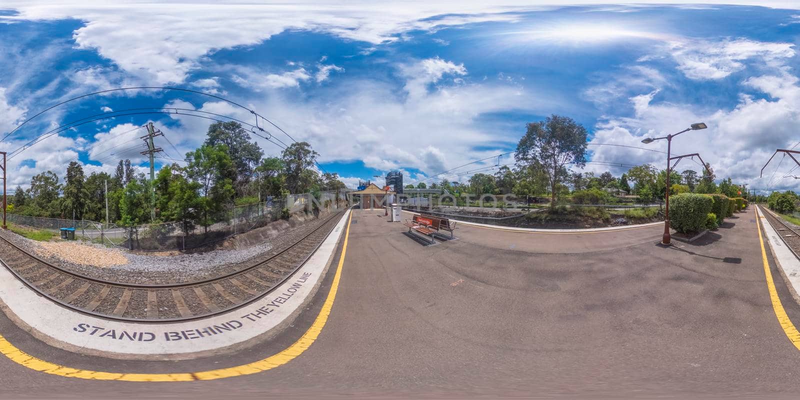 Spherical 360-degree panorama photograph of the Faulconbridge Train Station in The Blue Mountains in regional New South Wales in Australia