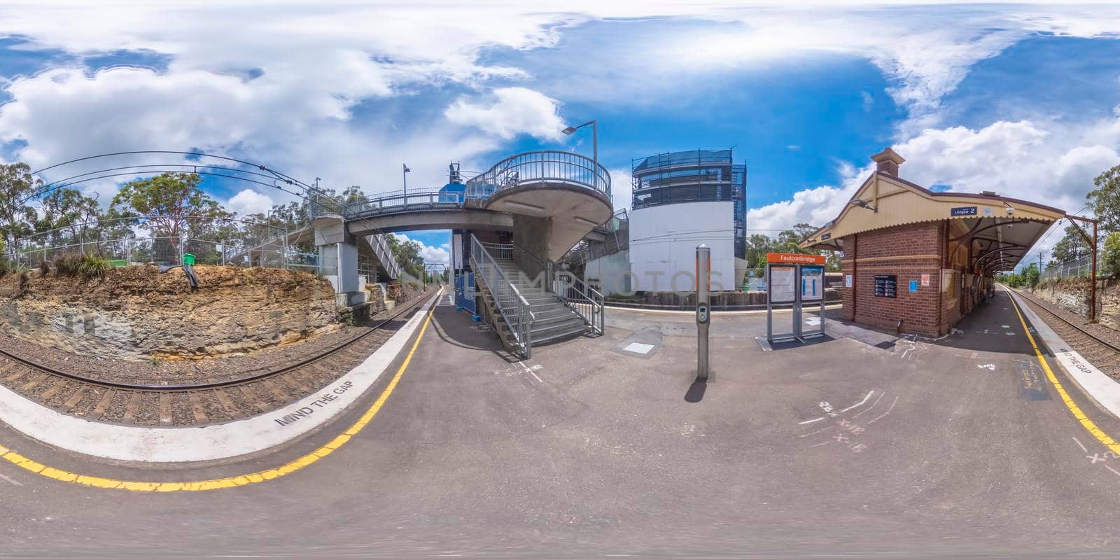 Spherical 360-degree panorama photograph of the Faulconbridge Train Station in The Blue Mountains in regional New South Wales in Australia