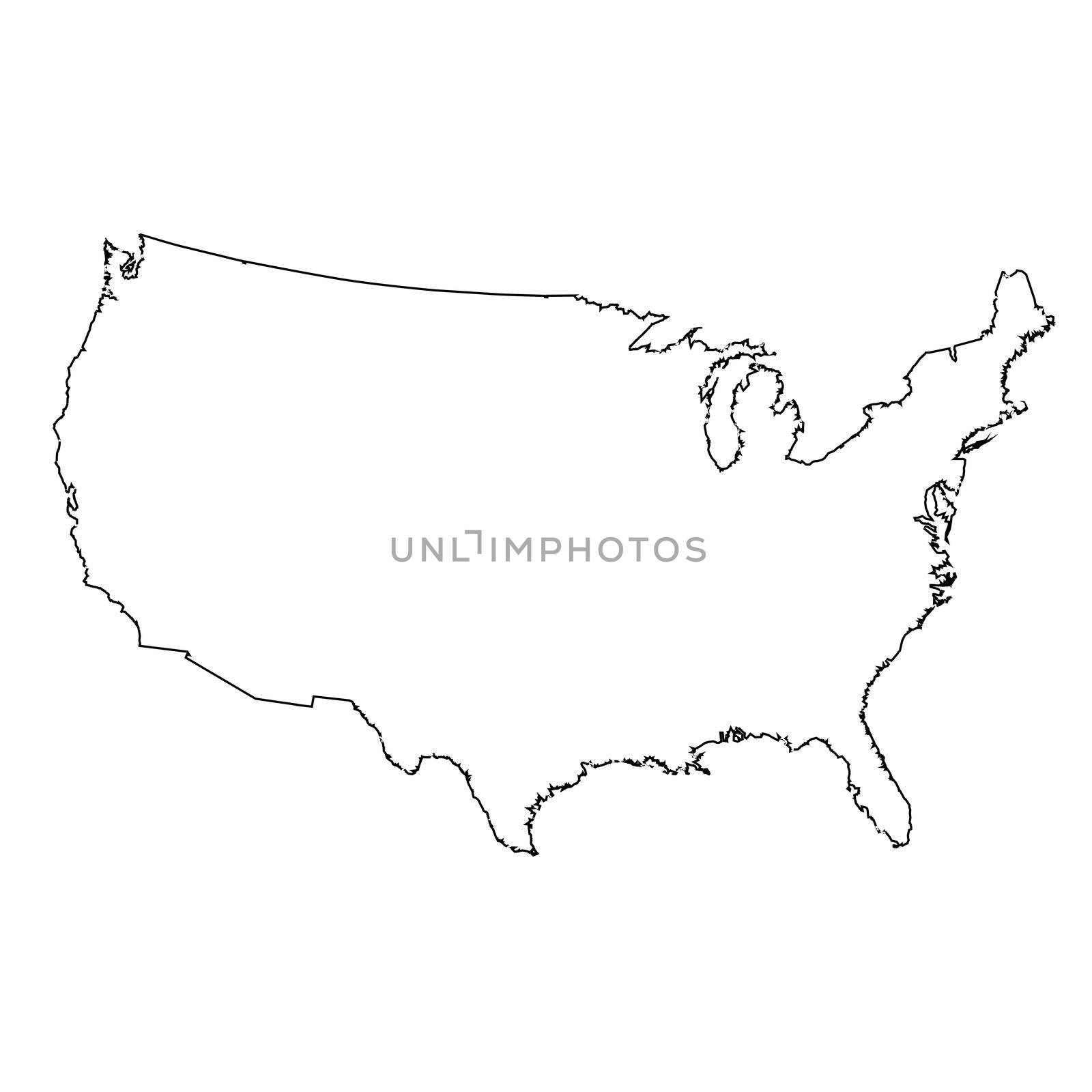 An outline silhouette map of The United States of America over a white background