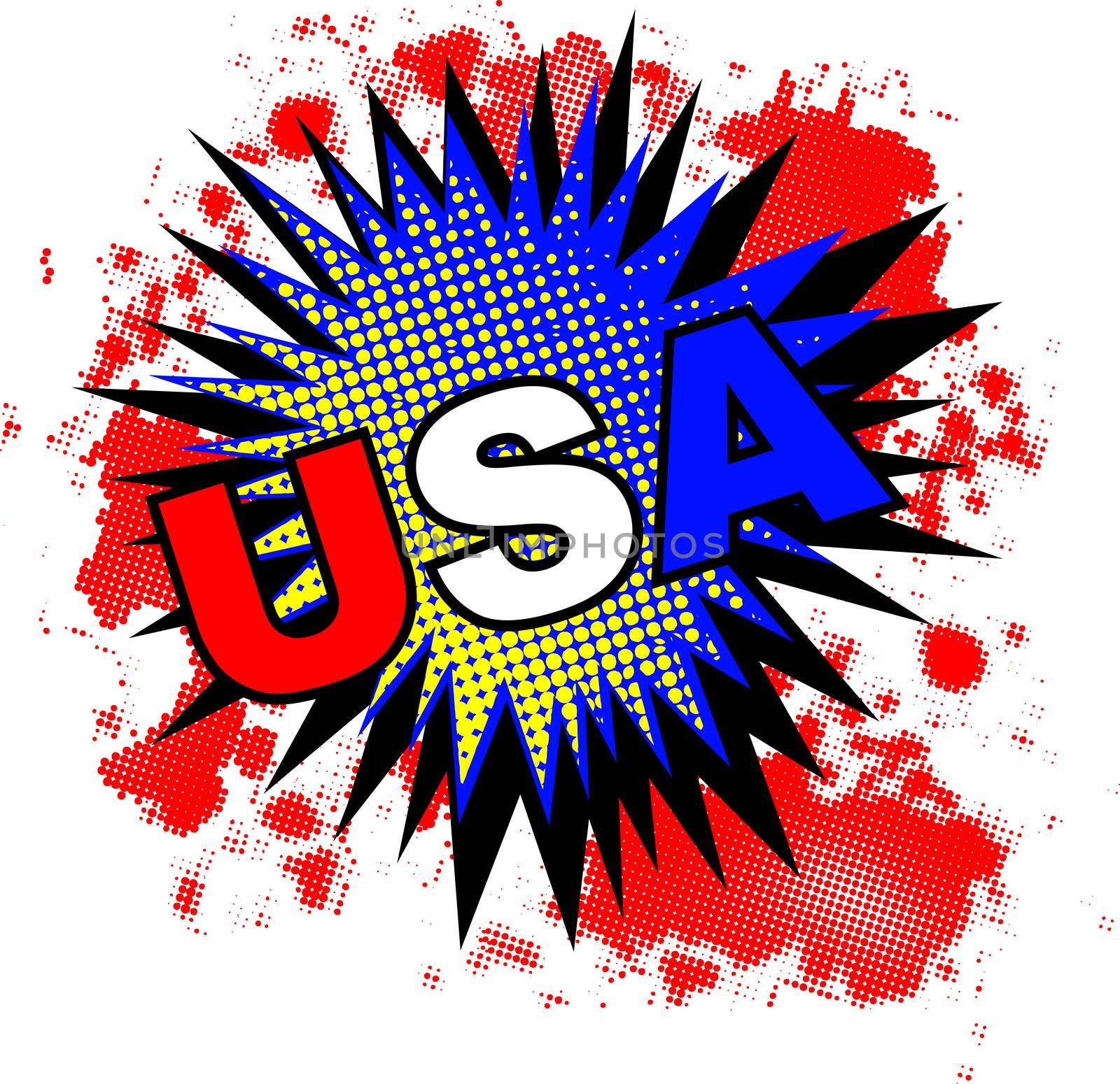 A comic cartoon style USAexclamation explosion in red white and blue over a white background