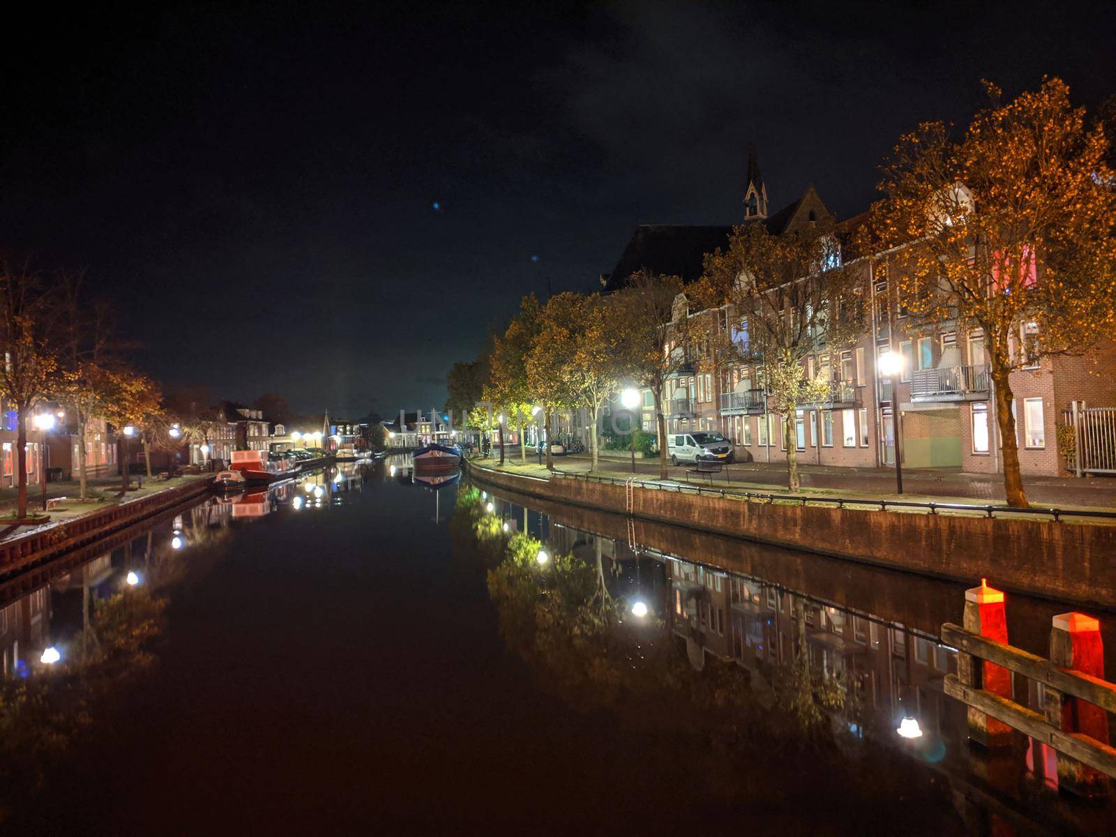 Canal at night in Sneek, Friesland, The Netherlands