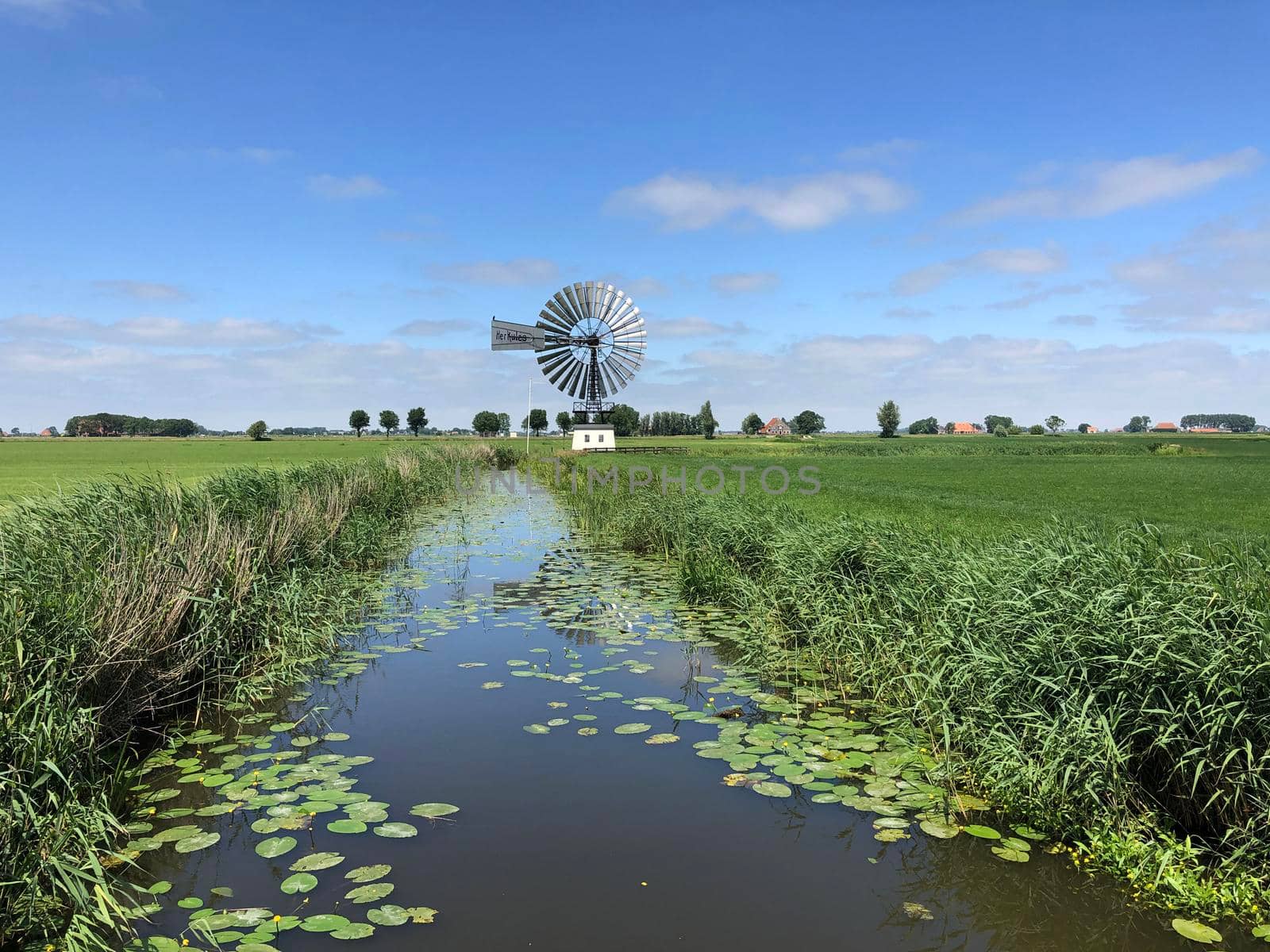 Canal and windmill around the village Boazum in Friesland The Netherlands