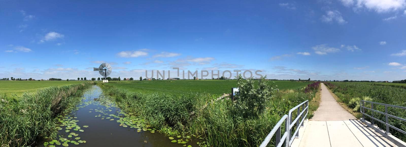 Canal and windmill around the village Boazum in Friesland The Netherlands