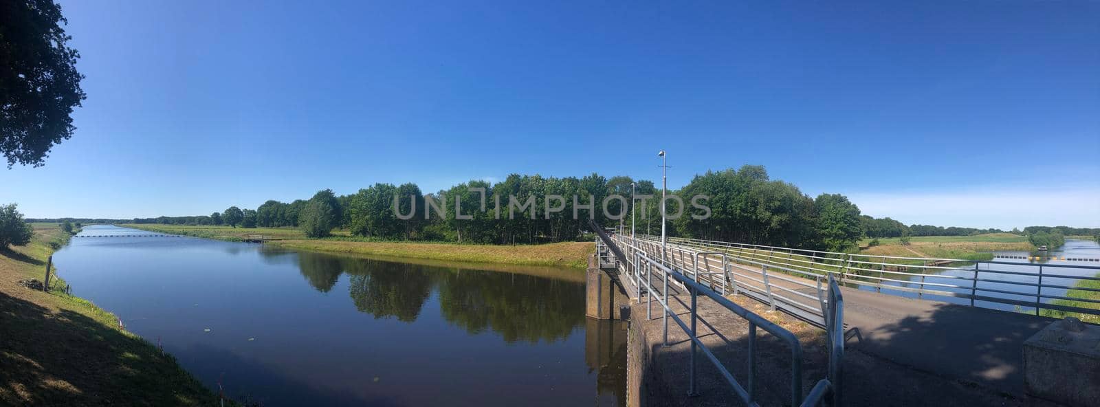 Panorama from a bridge over the river Vecht in Junne, Overijssel The Netherlands