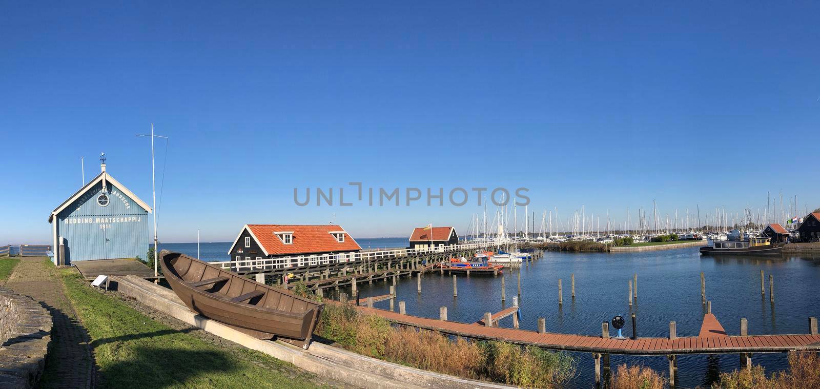 Panorama from the harbor in Hindeloopen during autumn in Friesland, The Netherlands