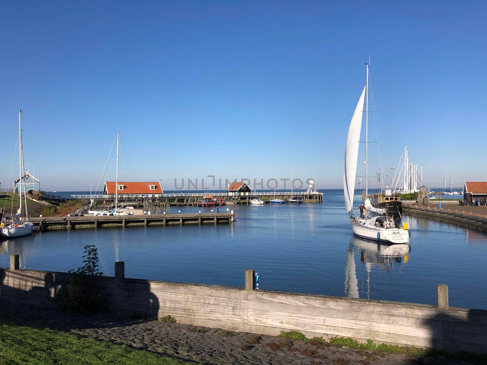 Harbor in Hindeloopen during autumn in Friesland, The Netherlands