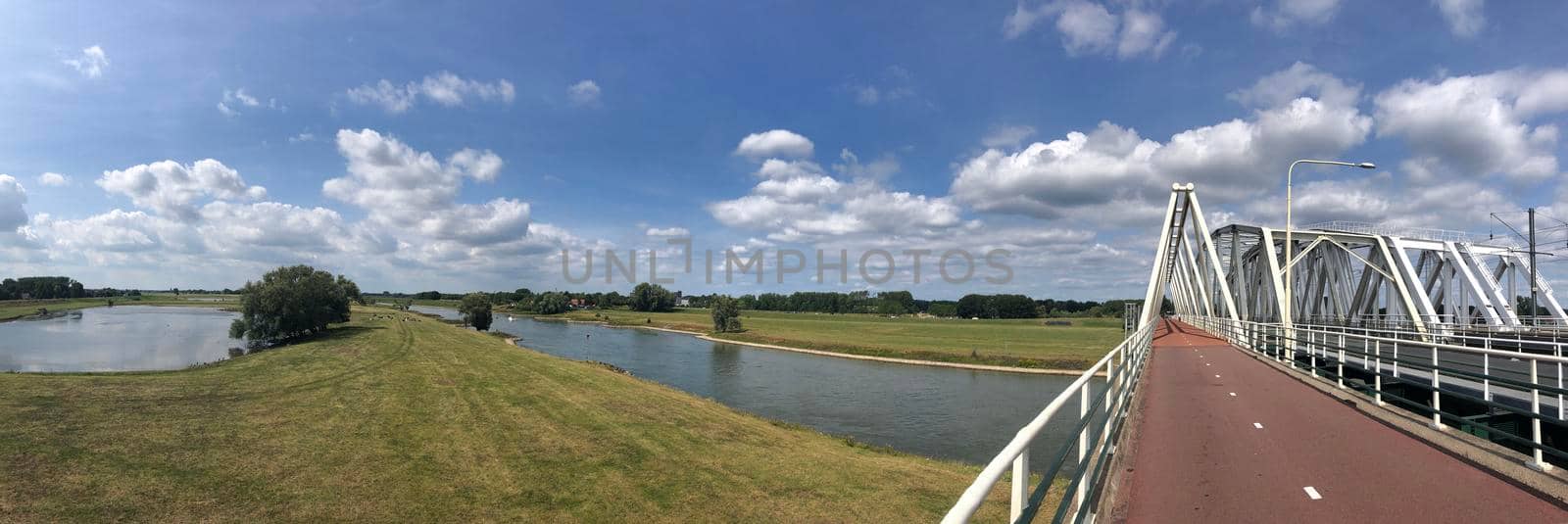 Panorama from a bridge over the IJssel from Westervoort to Arnhem in The Netherlands