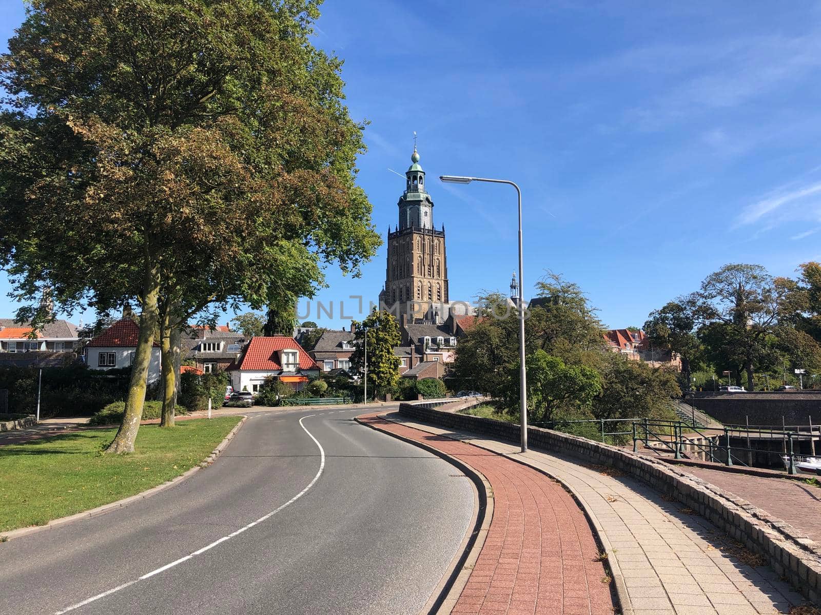 Road towards the old town with the St. Walburgis Church in Zutphen, Gelderland The Netherlands