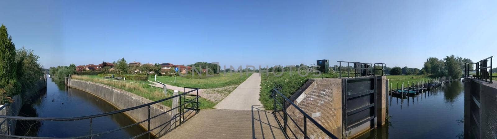 Panoramic view from a river lock at the Vechte in Overijssel, The Netherlands