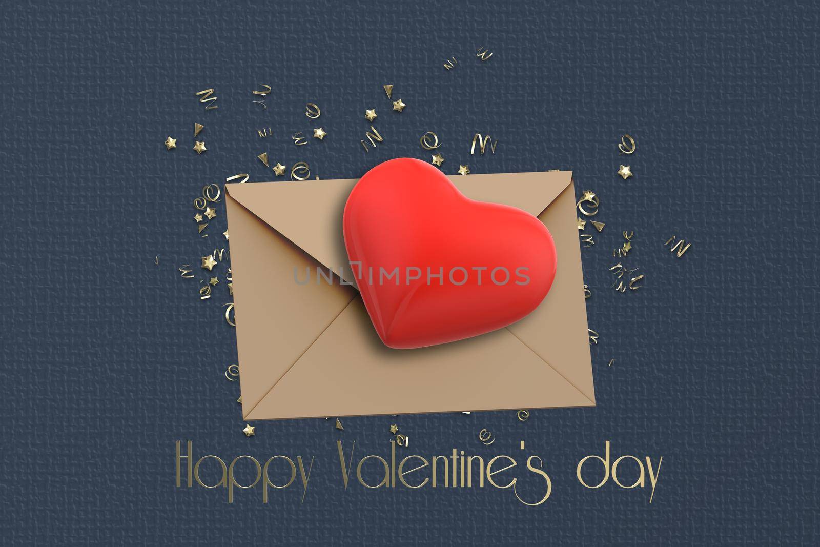 Happy Valentine's day with envelope red heart gold confetti gold text Happy Valentine's day. 3D render