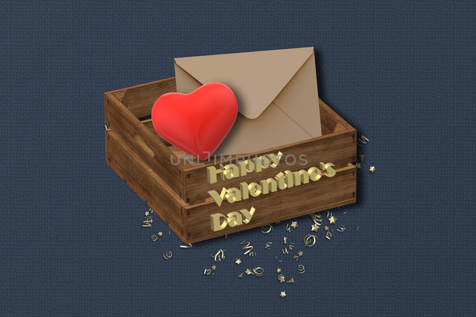 Valentines day background. red heart, envelope in wooden box, text Happy Valentine's day. 3D render