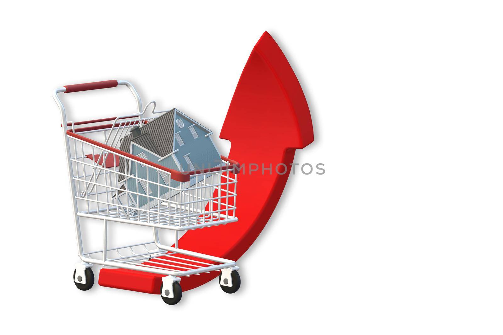 House price raising. Real estate growth chart. Shopping trolley, house, red rising arrow isolated on white. 3D illustration. Place for text