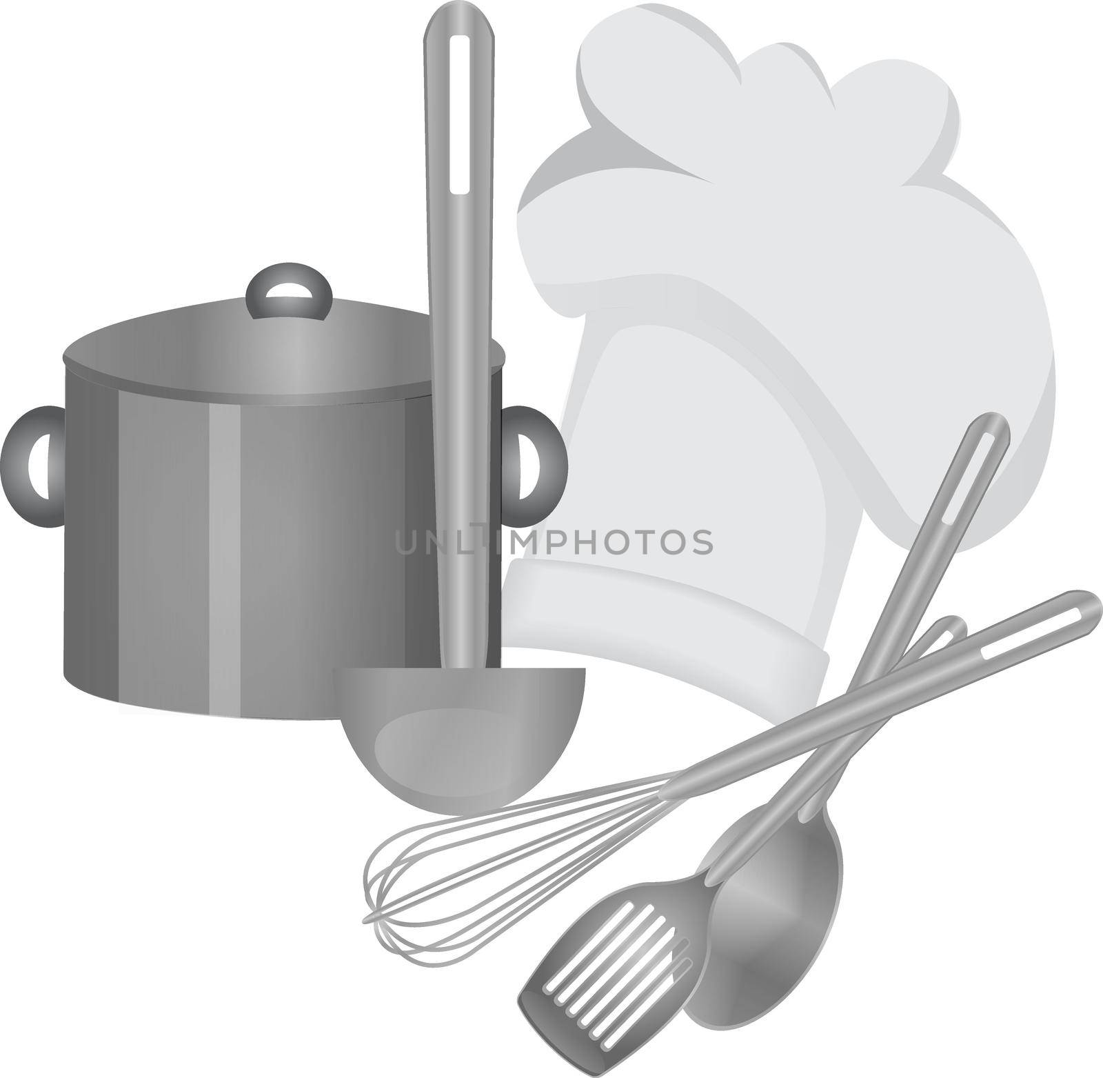 Cooking tools, chef hat, and a saucepan isolated monochrome vector illustration