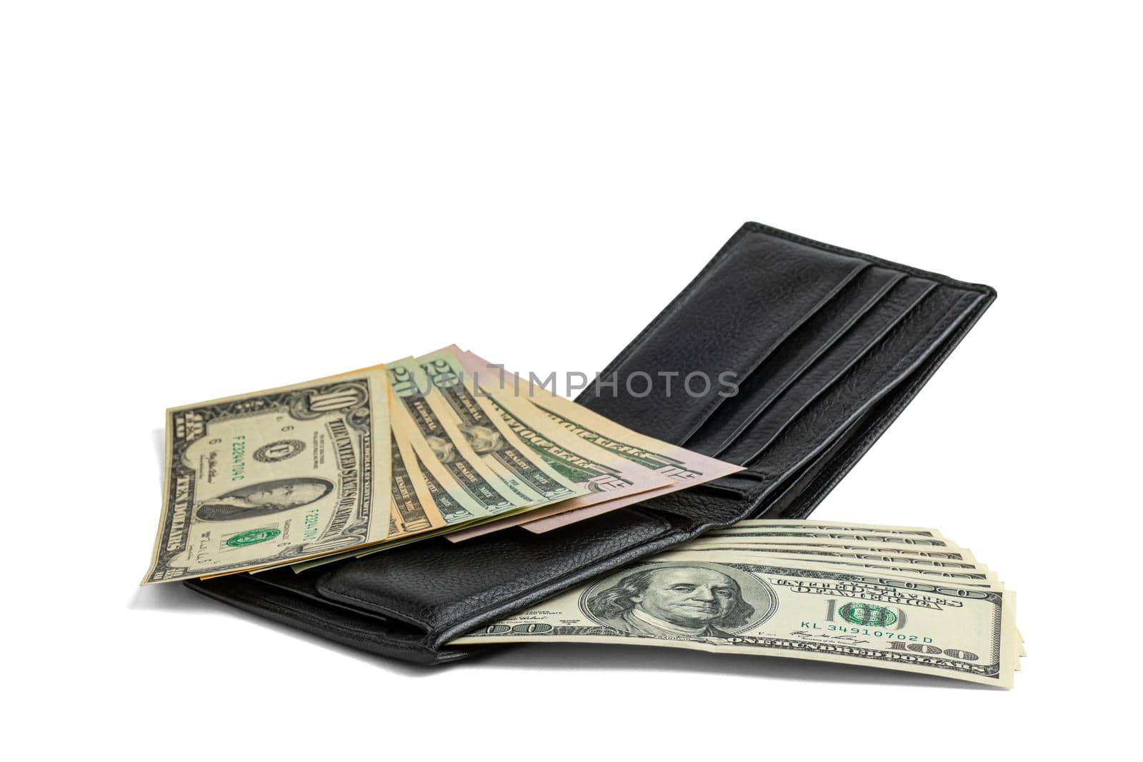 Wallet with banknotes. Paper money in wallet isolated on white with shadow. National currency of the USA.