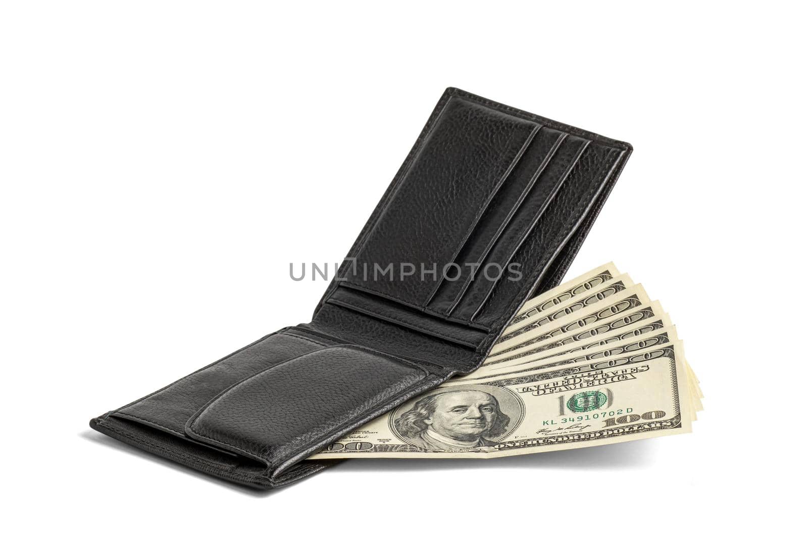 Wallet with banknotes. Paper money in wallet isolated on white with shadow. National currency of the USA.