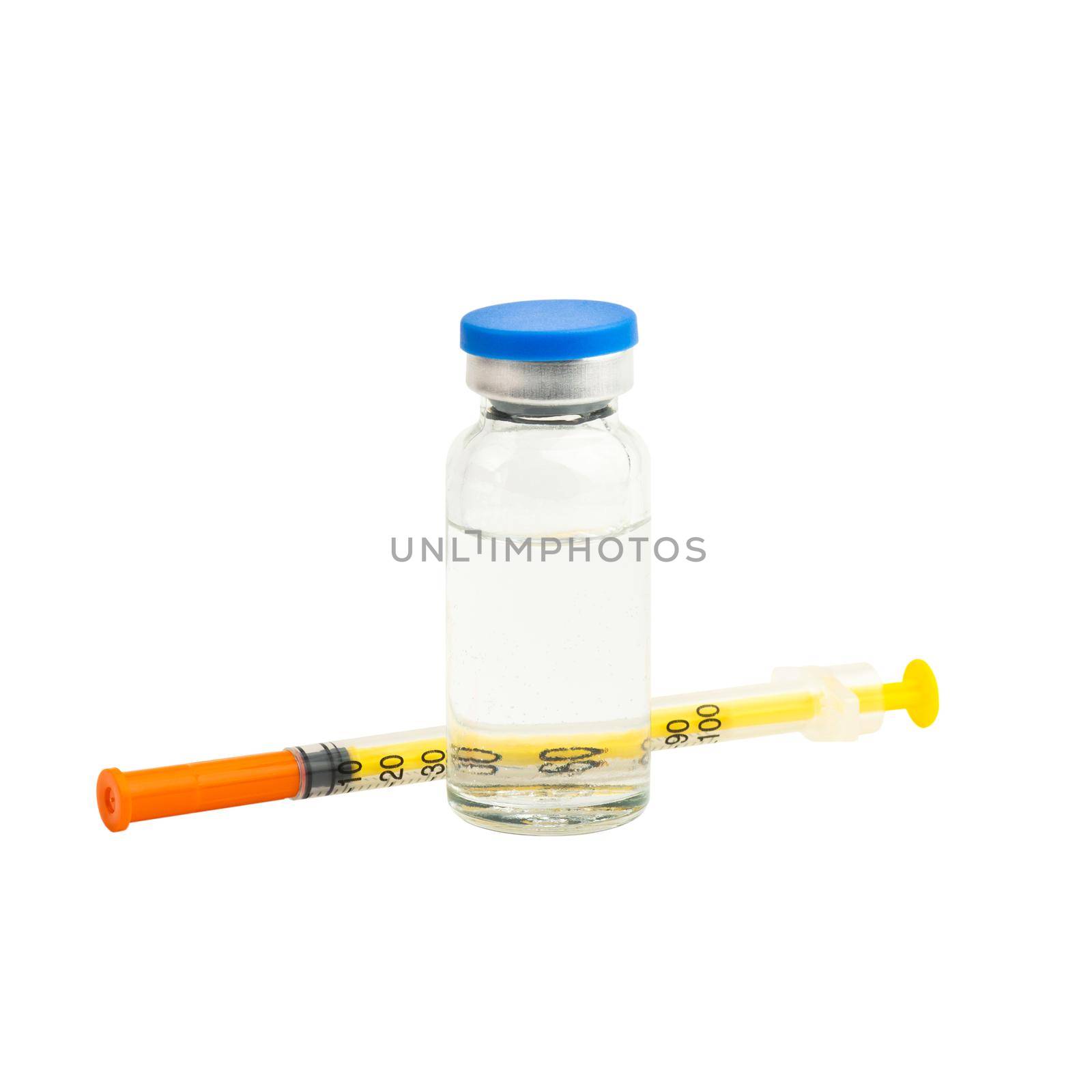 Medical syringe for injection for patients with diabetes mellitus. Insulin in a vial and a hypodermic syringe isolated on a white background without shadow.