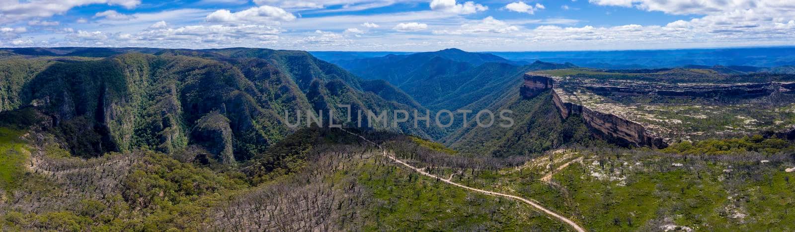 Aerial panorama of Kanangra Walls and Mount Cloud Maker in Kanangra-Boyd National Park in the Central Tablelands in regional New South Wales Australia