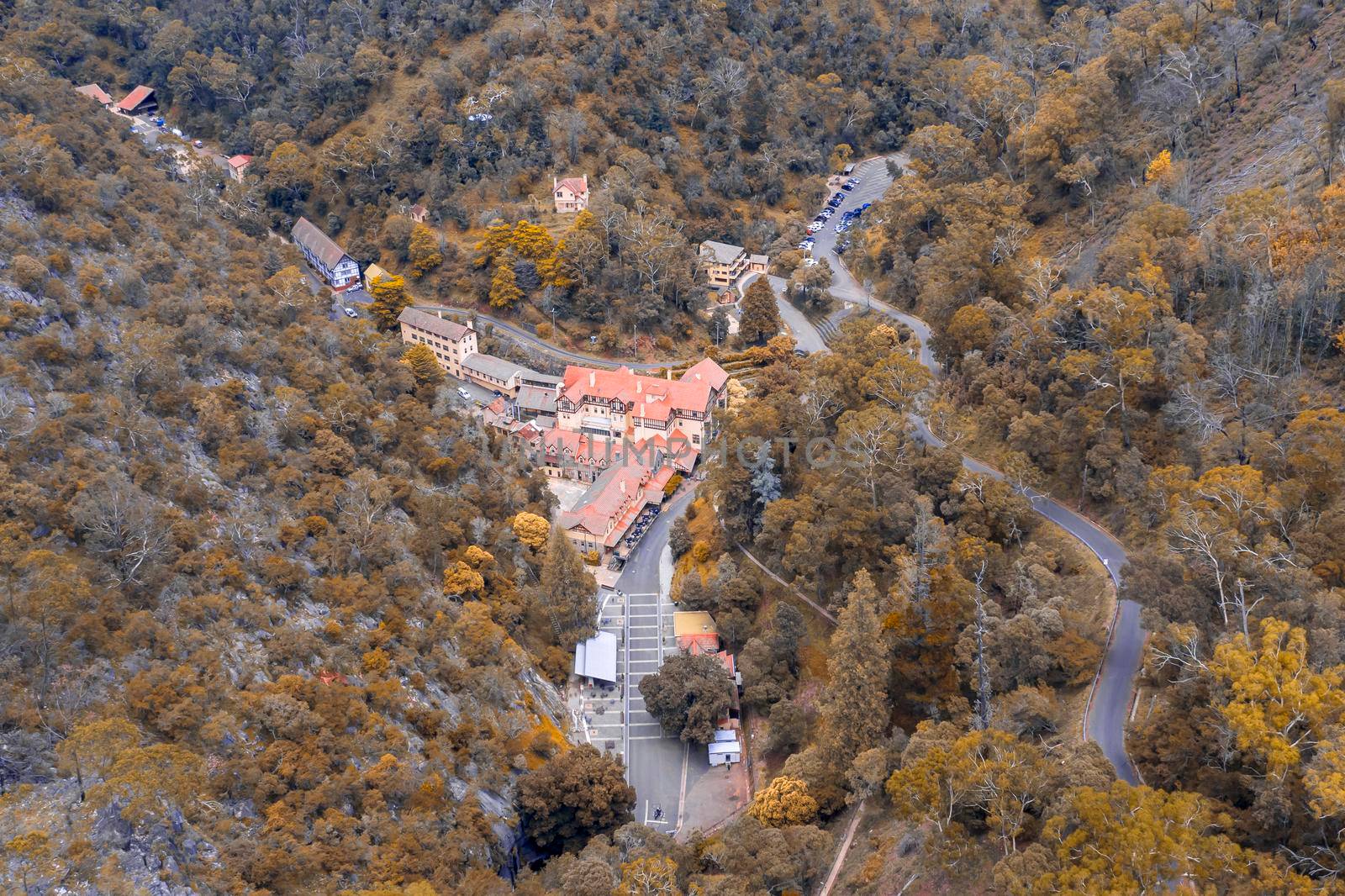 Aerial view of the Jenolan Caves village and bushfire forest regeneration in the Central Tablelands in regional New South Wales in Australia
