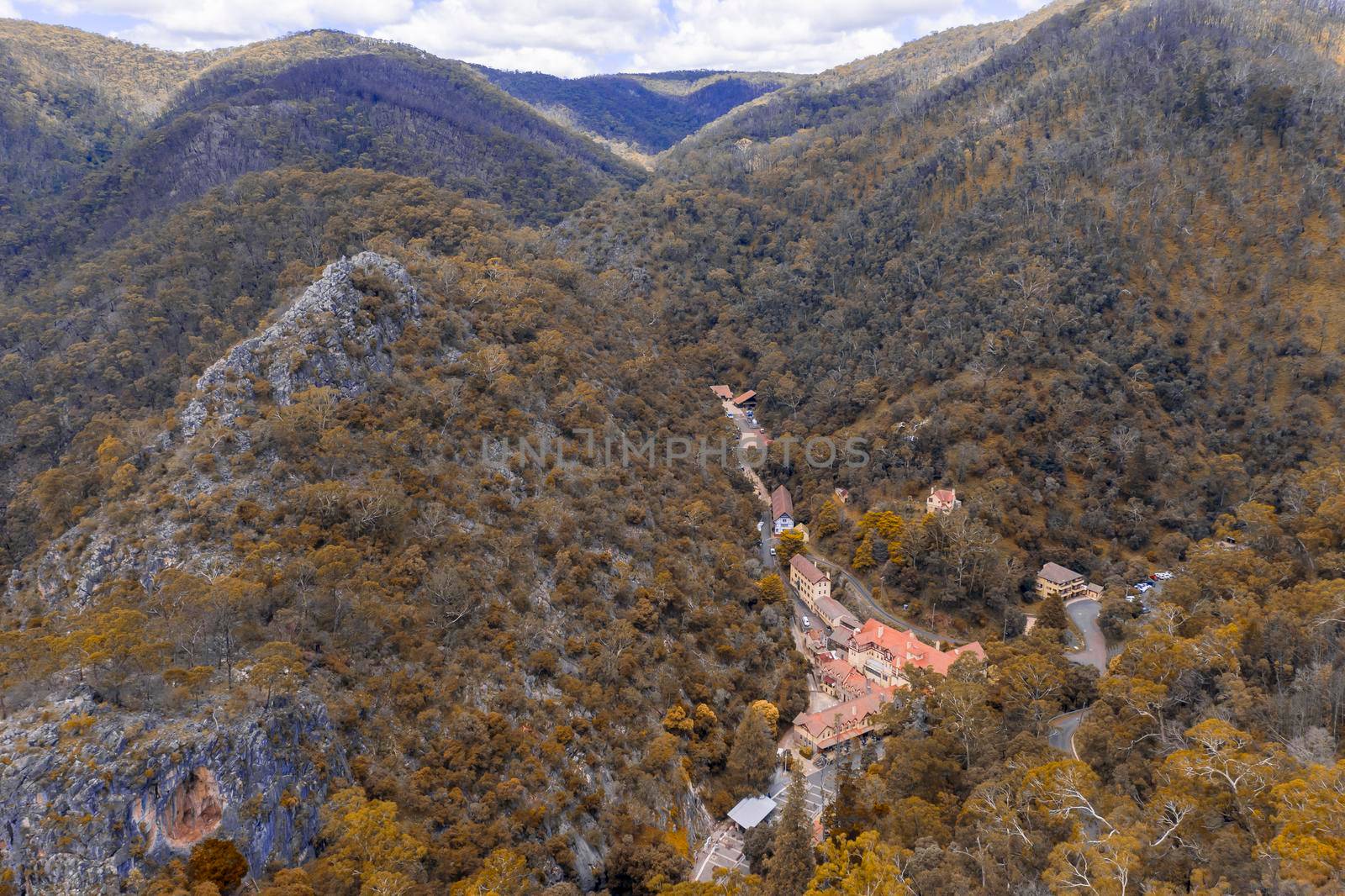 Aerial view of the Jenolan Caves village and bushfire forest regeneration in the Central Tablelands in regional New South Wales in Australia