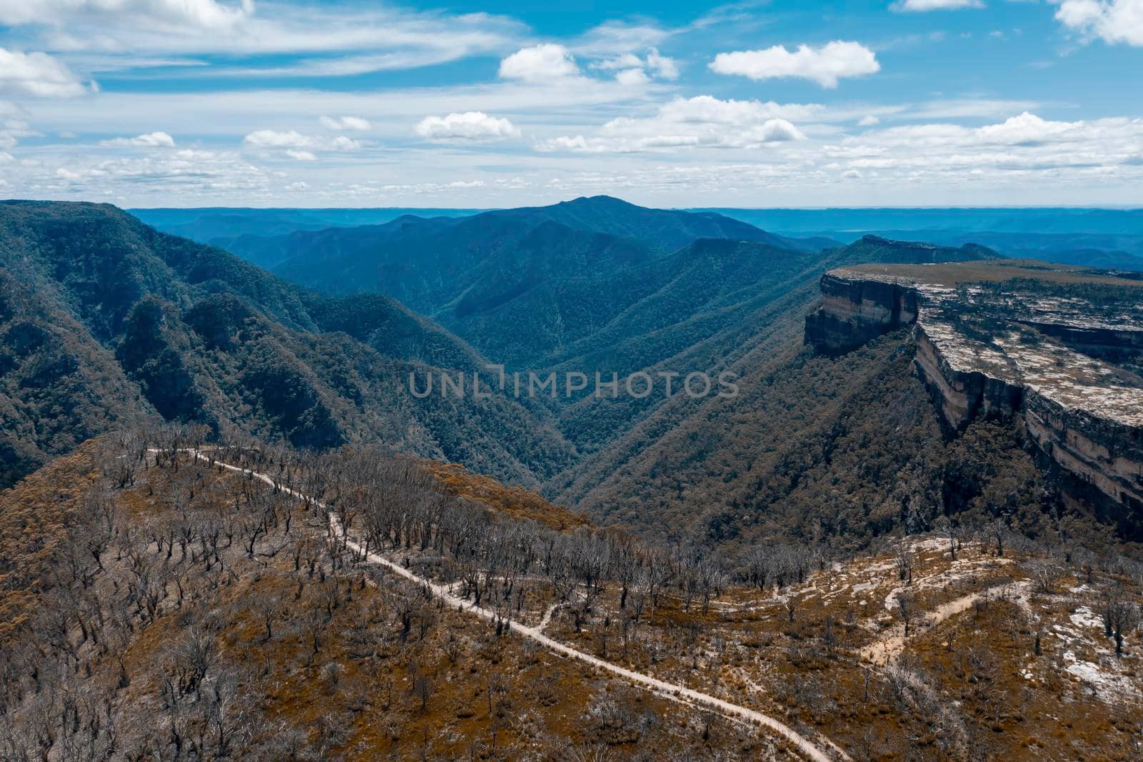 Aerial view of Kanangra Walls and valley in Kanangra-Boyd National Park in the Central Tablelands in regional New South Wales Australia
