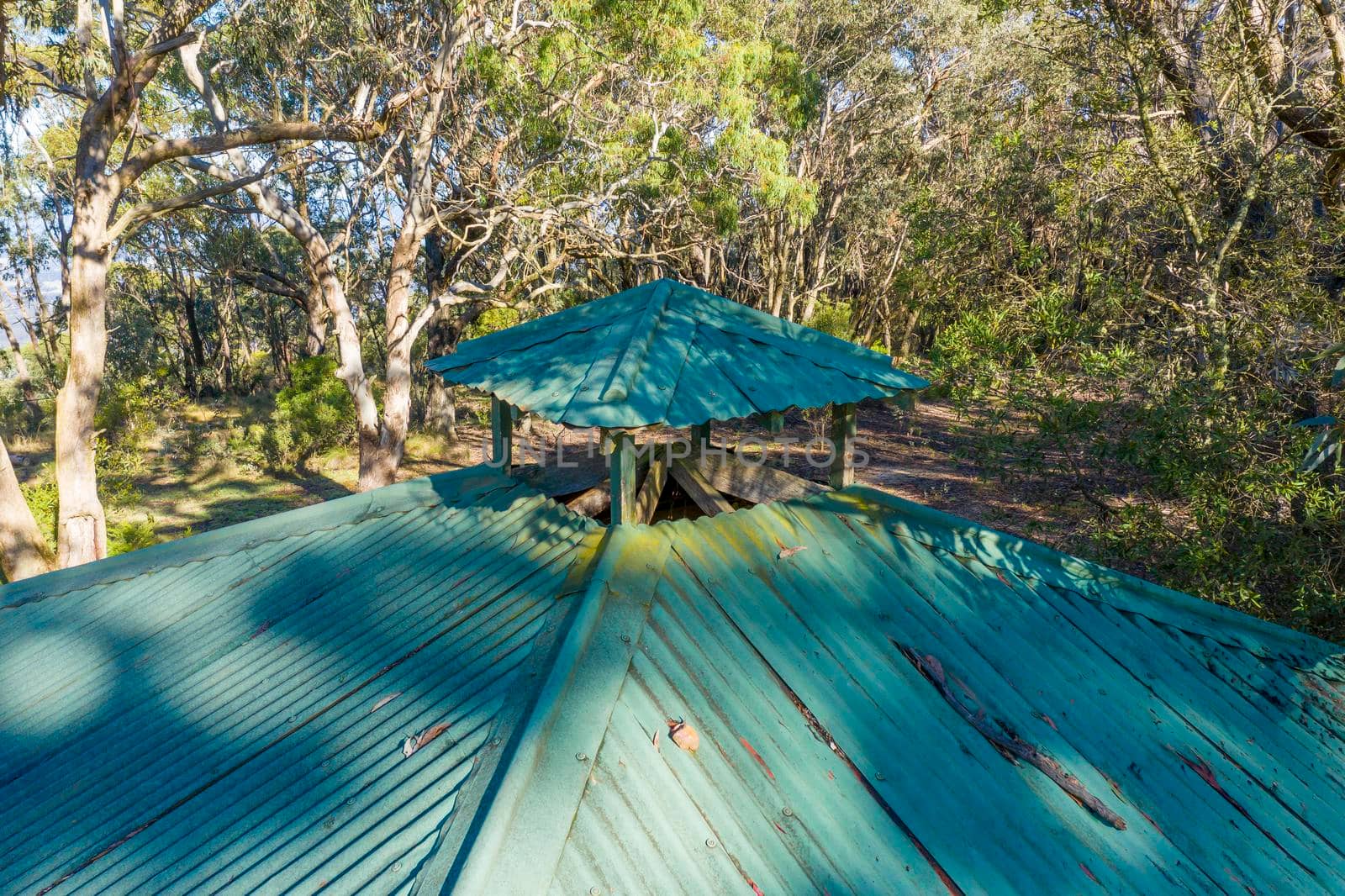 Aerial view of a picnic shed and table in the forest in regional Australia