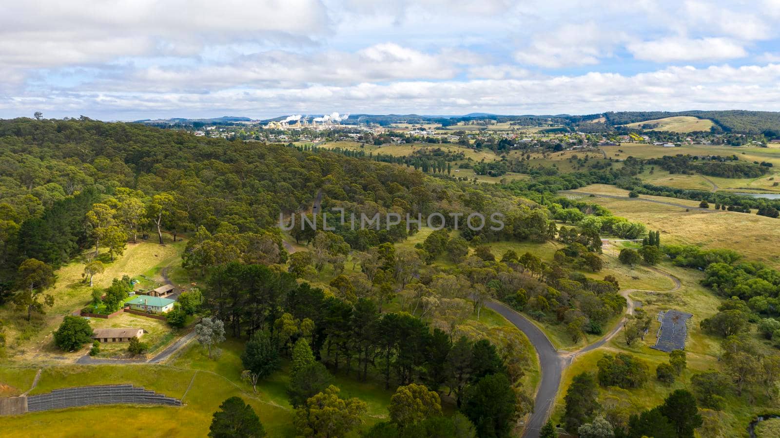 Aerial view of the township of Oberon in regional Australia by WittkePhotos
