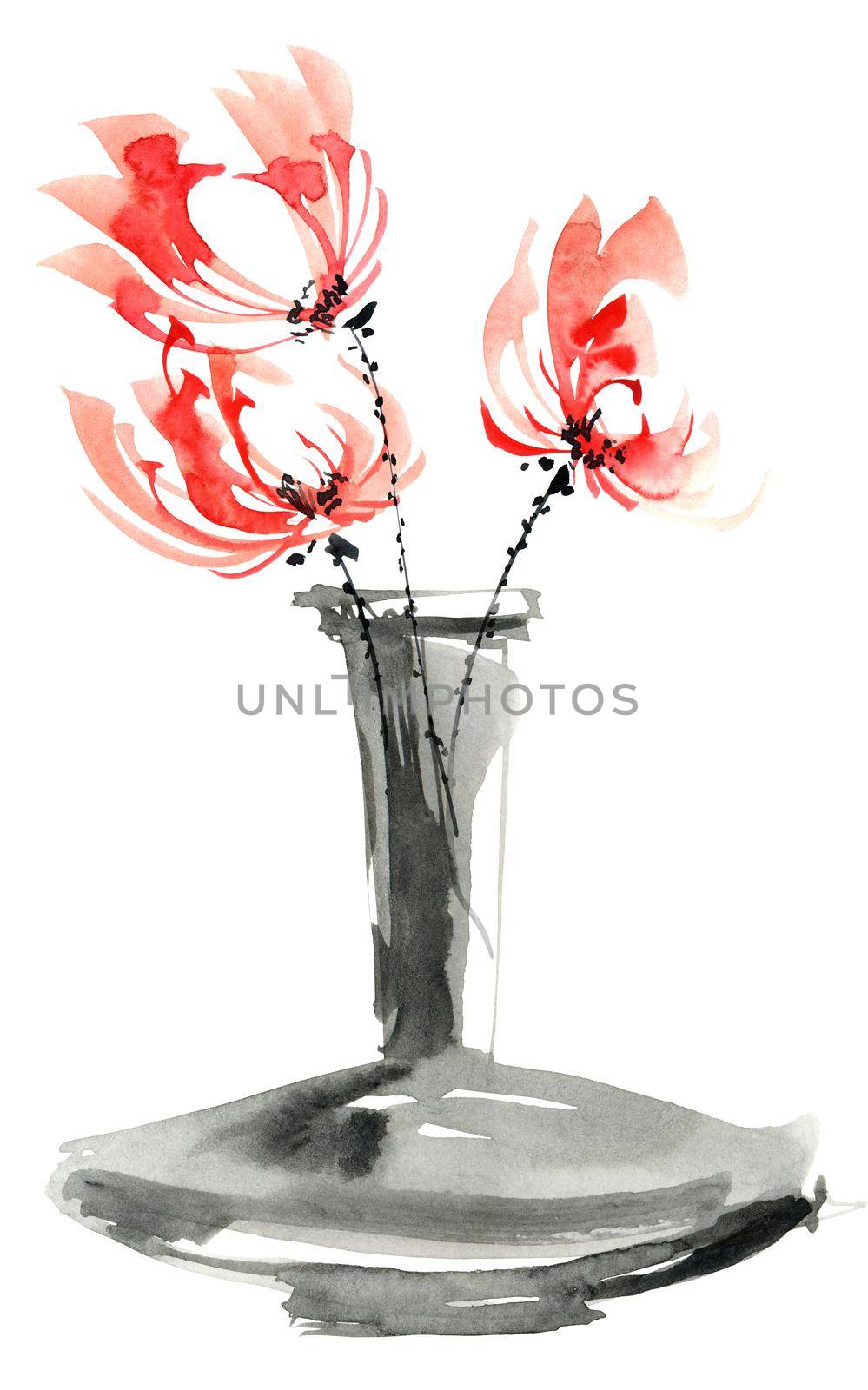 Watercolor and ink illustration of red flowers in vase. Oriental traditional painting in style sumi-e, u-sin and gohua. Design element for greeting card, invitation or cover.