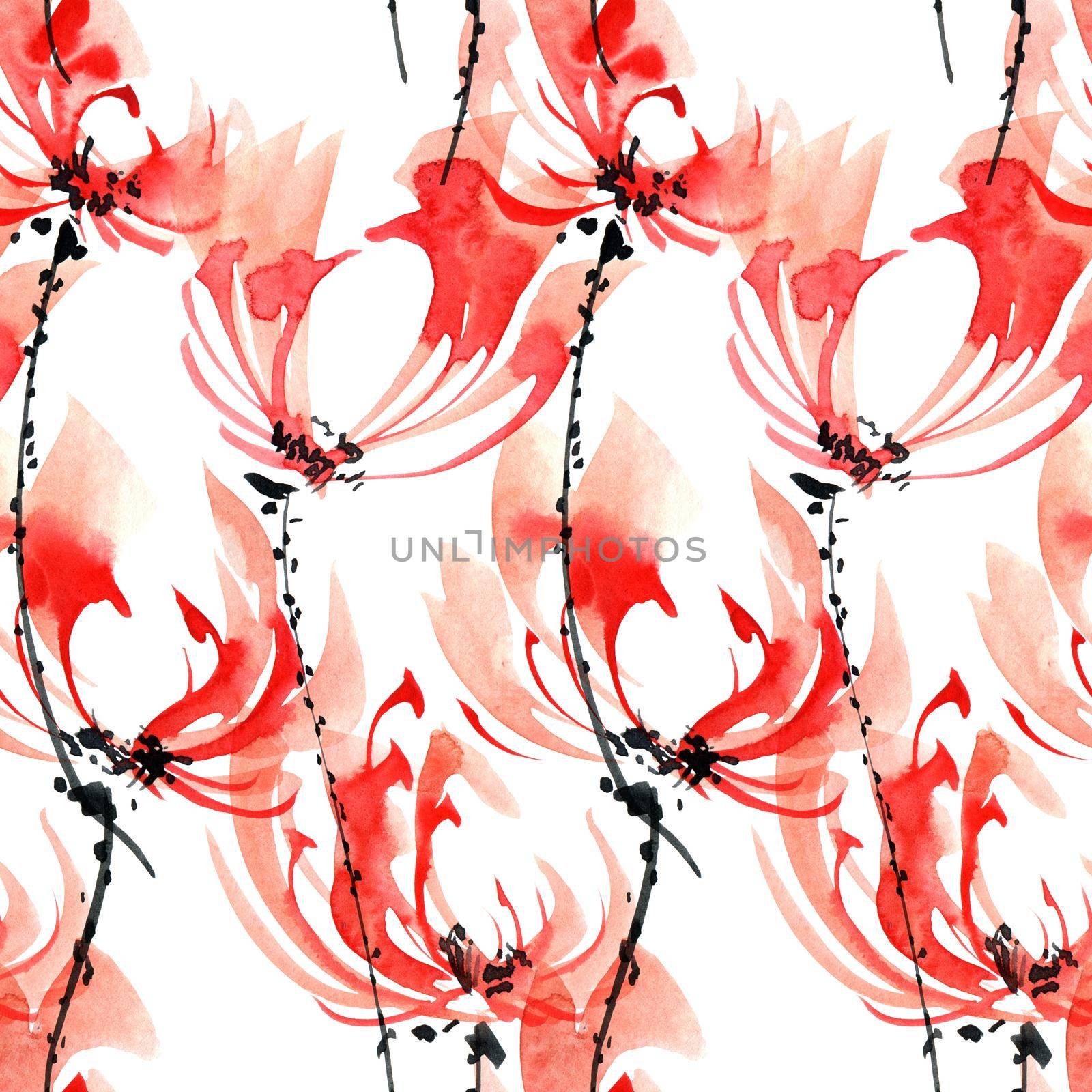 Watercolor and ink illustration of red flowers. Oriental traditional painting in style sumi-e, u-sin and gohua. Seamless pattern.