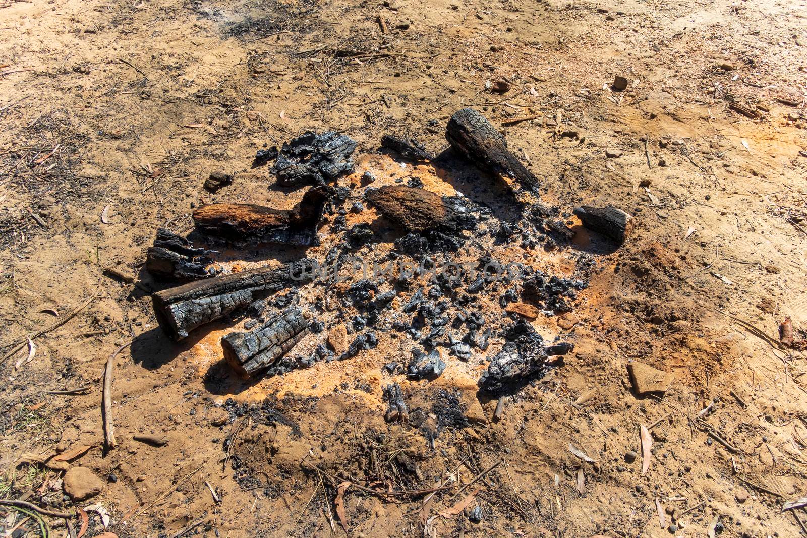 Burnt wood and coals from a recent campfire on brown dirt in The Blue Mountains in regional New South Wales in Australia